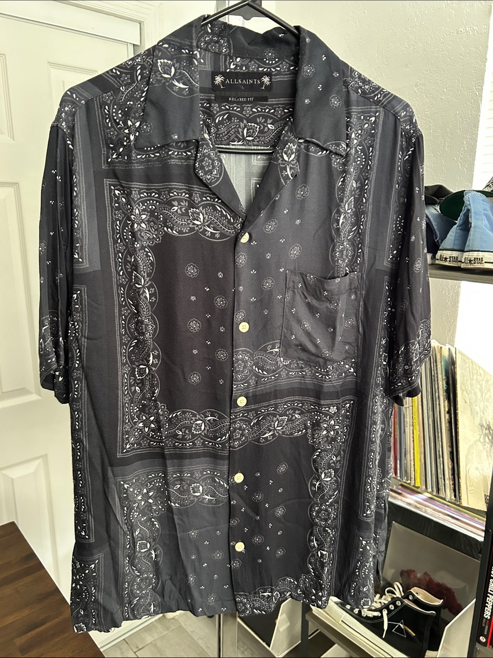 All Saints Blue-Black Bandana-Print Short Sleeve Button-Down Shirt